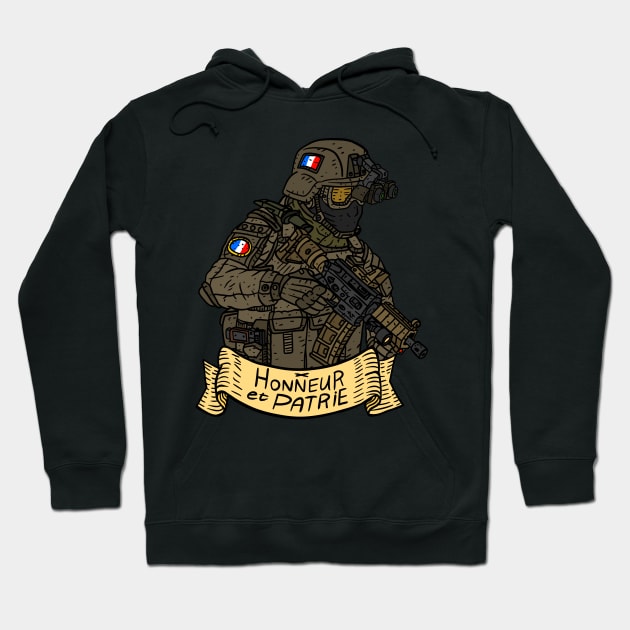 french military soldier with the motto of the armed forces of France. Hoodie by JJadx